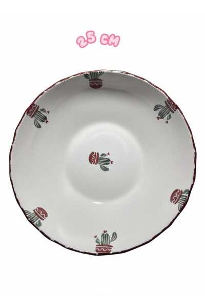 KH Seramik Kase Tabak 25 cm Kaktüs Desen Mutfak Sunum Salata Kasesi Parti