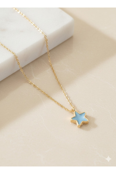 BS JEWELRY قلادة سلسلة مطرزة على شكل نجمة باللون الأزرق الفاتح