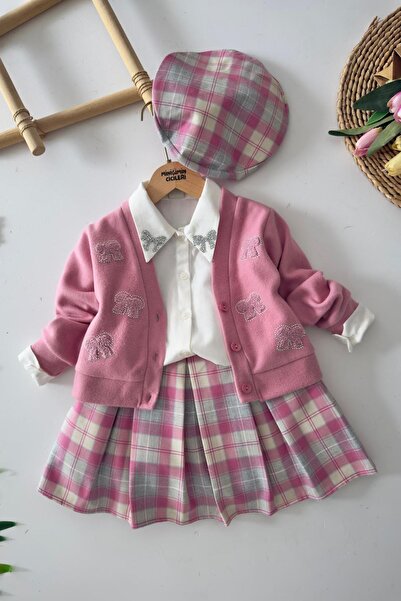 Minigimin Cicileri Girl's 4-Piece Set with Collar Stone Bow Detail and Plaid ...