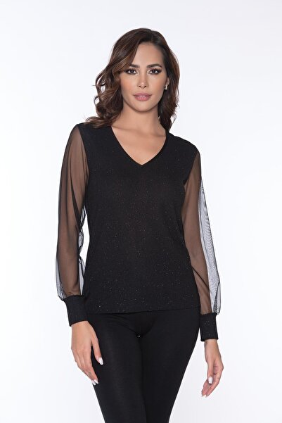 Belinay 8500 Tül Kollu Simli Kadın Body