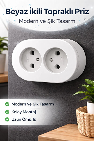 Eco Lounge Topraklı Sıva Üstü İkili Set Priz Modern Kırık Beyaz Kolay Kurulum