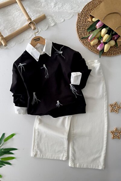 Minigimin Cicileri My Little One's 3-Piece Set with Stone and Feather Patterned Girls' Shirt - Black
