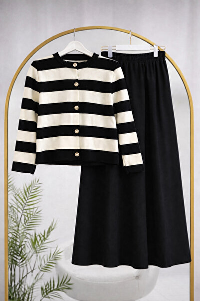 Bahar Altundemir طقم نسائي مكون من قطعتين: كارديجان تريكو مخطط باللون الأسود ...