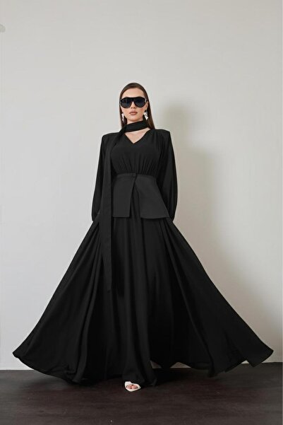 Bohai Design Özel Tasarım Siyah Renk Beli Korse Detaylı Şifon Saten Uzun Elbise
