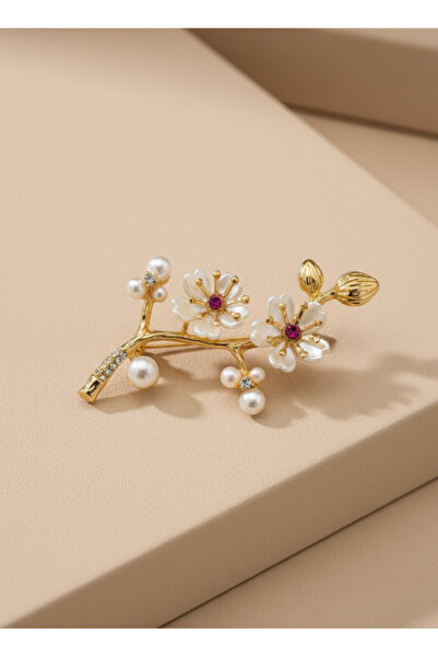 GKCBijoux Gold Renk İncili ve Zirkon Taşlı Bahar Dalı Çiçek Broş Yaka İğnesi