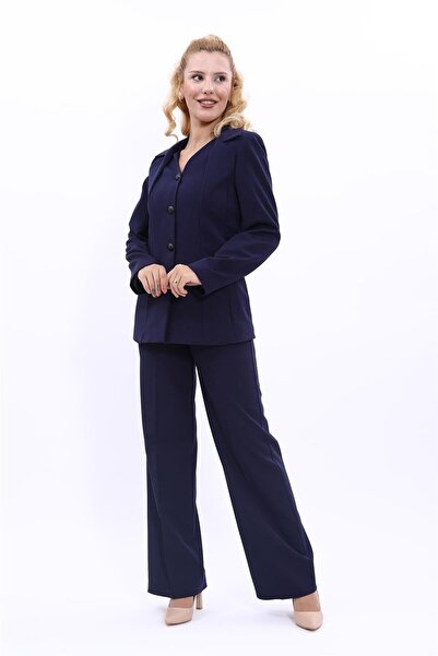 ÖNDER ÖZSOY V-Neck Buttoned Modern Jacket & Wide Leg Pants Women's Suit-Dark ...