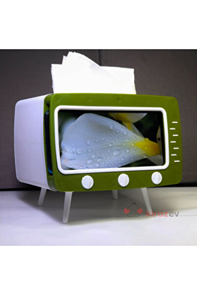 KirazEv Retro TV Görünümlü Telefon Tutucu Peçetelik, Yeşil