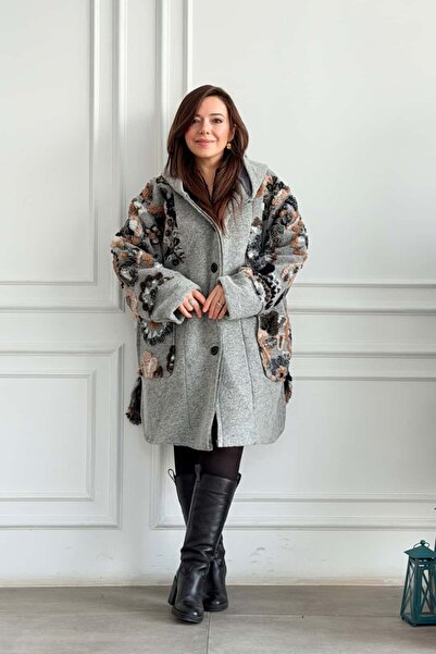 yb yağmur butik Leaf Pattern Felt Coat