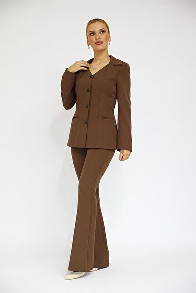 ÖNDER ÖZSOY V-Neck Buttoned Modern Jacket & Flared Pants Women's Suit - Chestnut