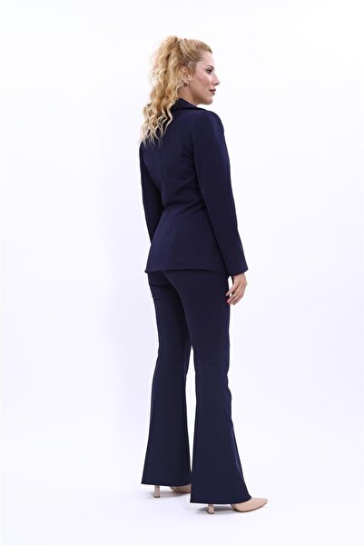 ÖNDER ÖZSOY V-Neck Buttoned Modern Jacket & Flared Pants Women's Suit - Navy ...