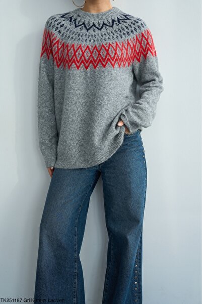 Lupies Women's Crew Neck Patterned Wool Knit Sweater