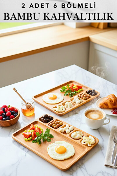 Penthouse 2 Adet 6 Bölmeli %100 Natural Doğal Bambu Kahvaltılık / Servis Seti