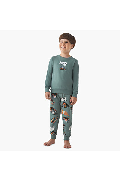 mattel Boys Pyjama Set with Hot Wheels Print - Cotton - Long Sleeves - Crew Neck