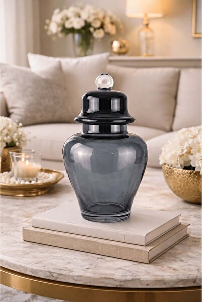 Jenisa Decorative Smoky Gray Glass Jar - Cube Sugar Bowl with Glass Lid