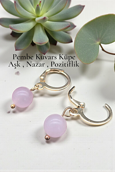 NBS Beautiful Naturel Stones Pembe Kuvars Aşk Mıknatısı Küpe 8 mm ( Kaplama K...