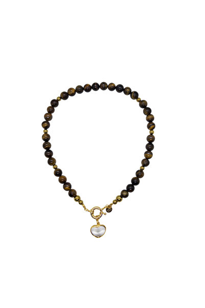 Merse Atelier Kalp Charm Detaylı Hematit Boncuklu Kaplan Gözü Doğal Taşlı Kolye