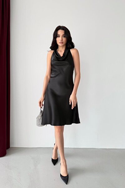 Serica Moda Black Degaje Collar Midi Satin Dress