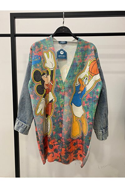 Hatun Atila Long Knit Cardigan with Denim Detail on the Sleeves - 1180