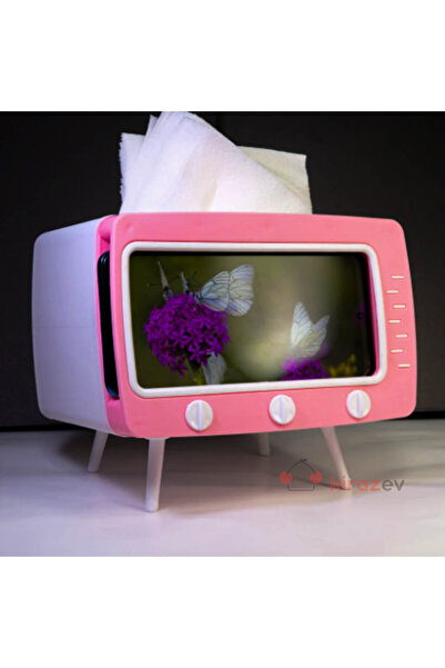 KirazEv Retro TV Görünümlü Telefon Tutucu Peçetelik, Pembe