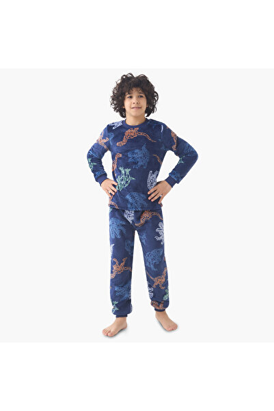Juniors Boys Pyjama Set with Dinosaur Print - Polyester - Long Sleeves - Crew...