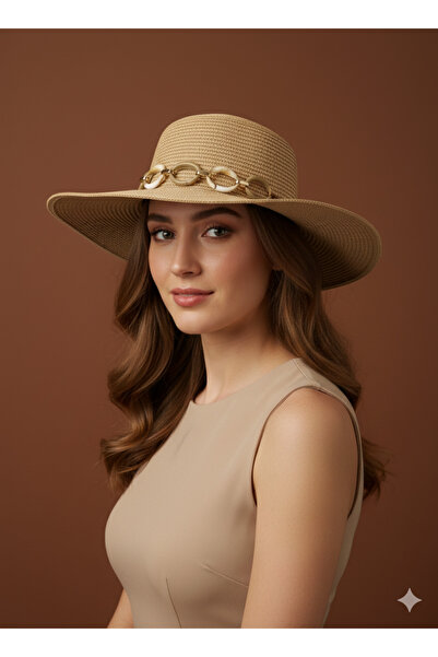 REBBEX Brown Knitted Textured Summer Straw Wide Brim Hat with Coffee-Colored Ring Belt Detail