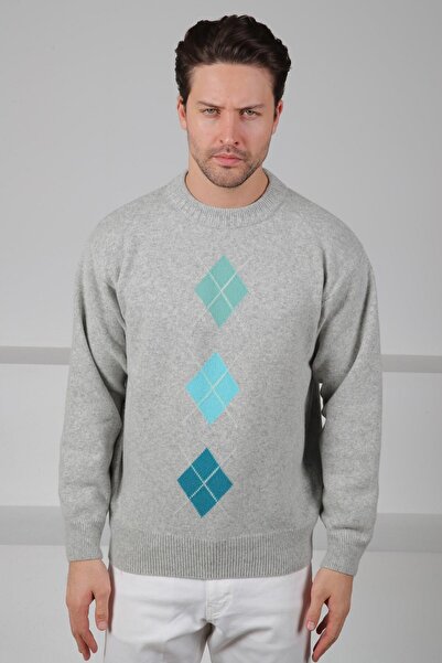 Ferraro A.Grey/Turquoise Crew Neck Turquoise Mint Green Patterned 100% Lamb Wool Men's Knitwear Sweater