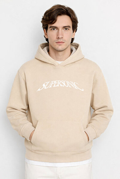 Rivox Men's Beige Hooded Oversized Sweatshirt Supersonic Printed