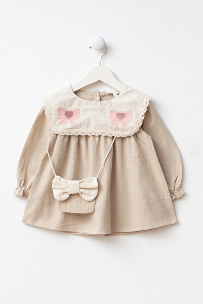 Minipodyum فستان بناتي من الكتان لعيد الفطر مع تفاصيل مطرزة وحقيبة ياقة دائرية