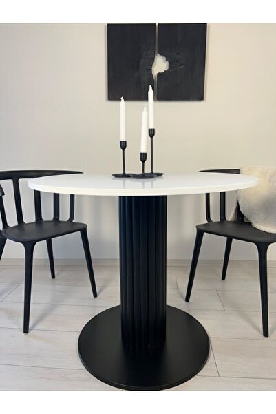 woodywood 75 Cm Özel Tasarım Yuvarlak Dar Sütun Yemek Masası Tabla Beyaz Ayak...