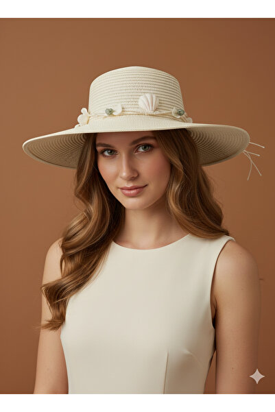 REBBEX Pălărie de vară cu boruri largi, cu textura tricotată crem, cu detalii de scoici de mare de culoare naturală