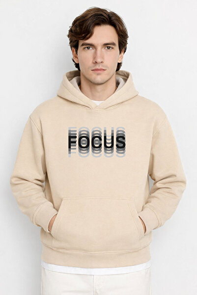 Rivox Men's Beige Hooded Oversized Sweatshirt Focus Printed