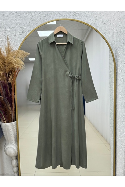 MİHRA STORE فستان بياقة هاليك وربطة جانبية-AS4084 كاكي