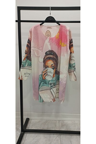 Hatun Atila Hatunatila Digital Printed Crew Neck Long Loose Sweater - 1339