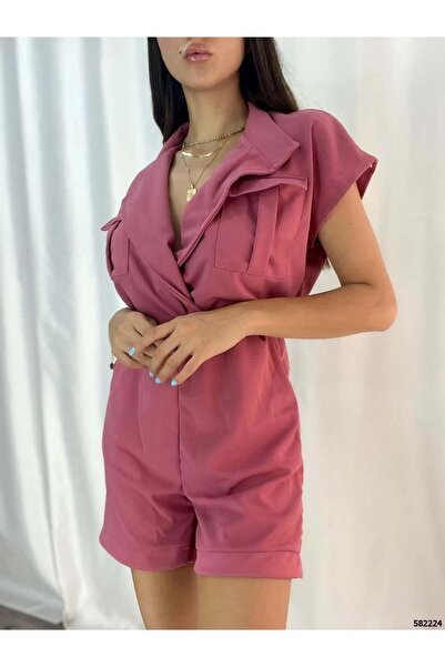 Modafeminen din material subțire crep Salopetă scurtă 582224 GÜLKURUSU