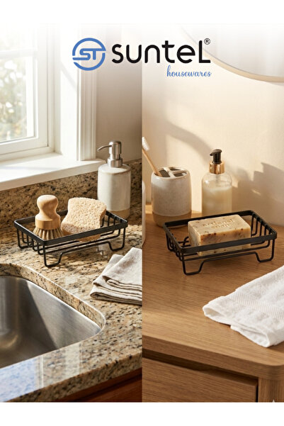Suntel Siyah Metal Çok Amaçlı Sabunluk ve Süngerlik Tezgah Üstü Banyo Mutfak Düzenleyici Organizer