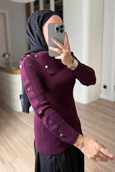 Ka Hijab Asymmetrical Collar Button Detailed Knitwear Blouse - Plum