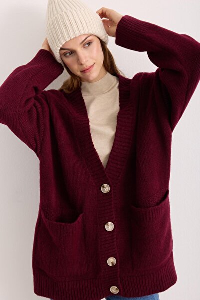 ipekton studio Buttoned Soft Textured Knitwear Cardigan Burgundy