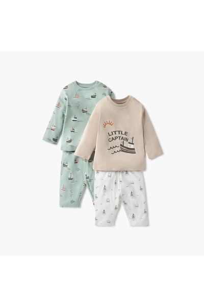Juniors تيشيرتات وبيجامات مطبوعة عليها رسومات سفن - طقم من قطعتين