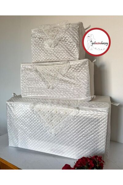 Gelincimherşey Saten Kapitone Kumaş Dantelli Hurç 3’lü Set