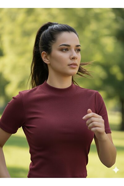 MADAM SHİLA Bordo Yarım Balıkçı Yarım Kol Slimfit Fitilli Kaşkorse Spor Body ...