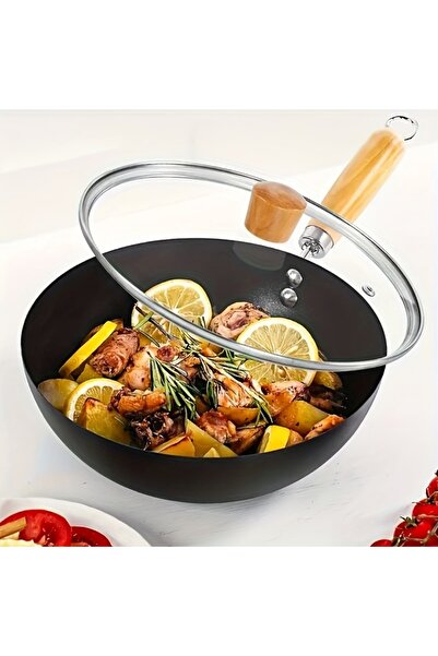iron candy Traditional 24cm Non-Stick Stir Fry Wok with Lid & Wooden Handle