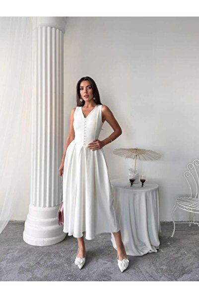 EtikaOnline Kadın Pileli Düğme Detaylı Şık Elbise