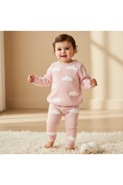 Juniors طقم بيجاما قطني بأكمام طويلة ورقبة دائرية بتصميم سحابي محبوك