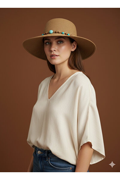 REBBEX Brown Color Stone Pendant Detailed Brown Knit Textured Summer Straw Wide Brim Hat