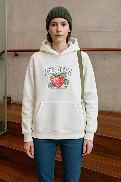 Rivox Women's White Hooded Oversized Sweatshirt Berry Printed