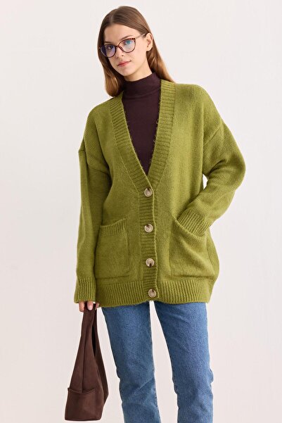 ipekton studio Buttoned Soft Textured Knitwear Cardigan Olive