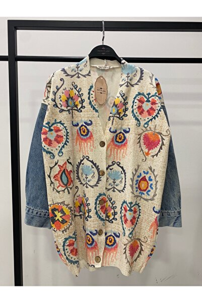 Hatun Atila Long Knit Cardigan with Denim Detail on the Sleeves - 1180