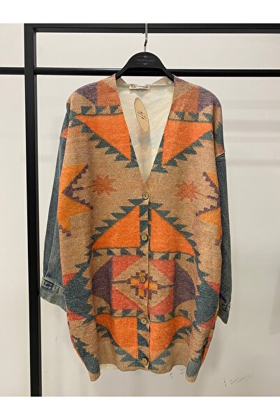 Hatun Atila Long Knit Cardigan with Denim Detail on the Sleeves - 1180