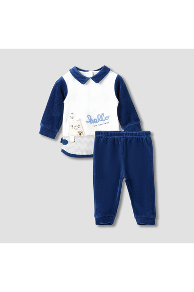 Juniors طقم بيجاما بتفاصيل مطرزة - أكمام طويلة - ياقة