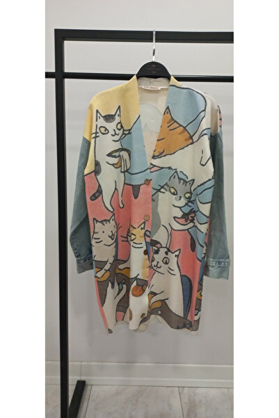 Hatun Atila Long Knit Cardigan with Denim Detail on the Sleeves - 1180